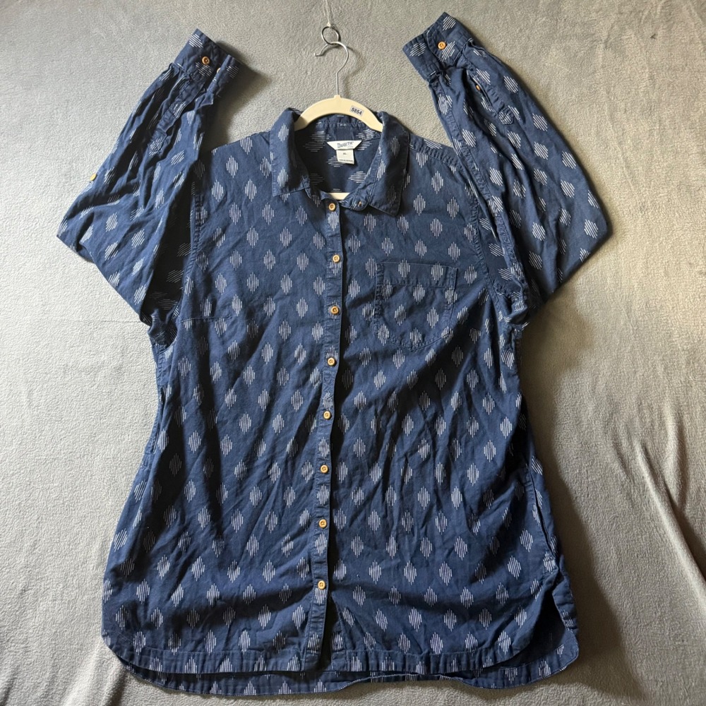 Duluth Trading XL Tunic Button Shirt Navy Blue Roll Tab Side Pockets Gardening